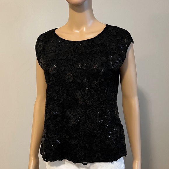 Vince Camuto Lace & Sequin Front Sleeveless T-shirt Top Black - Picture 6 of 12